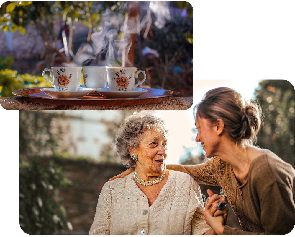 old lady meeting and trea and drinking tea and liking tea and coffee